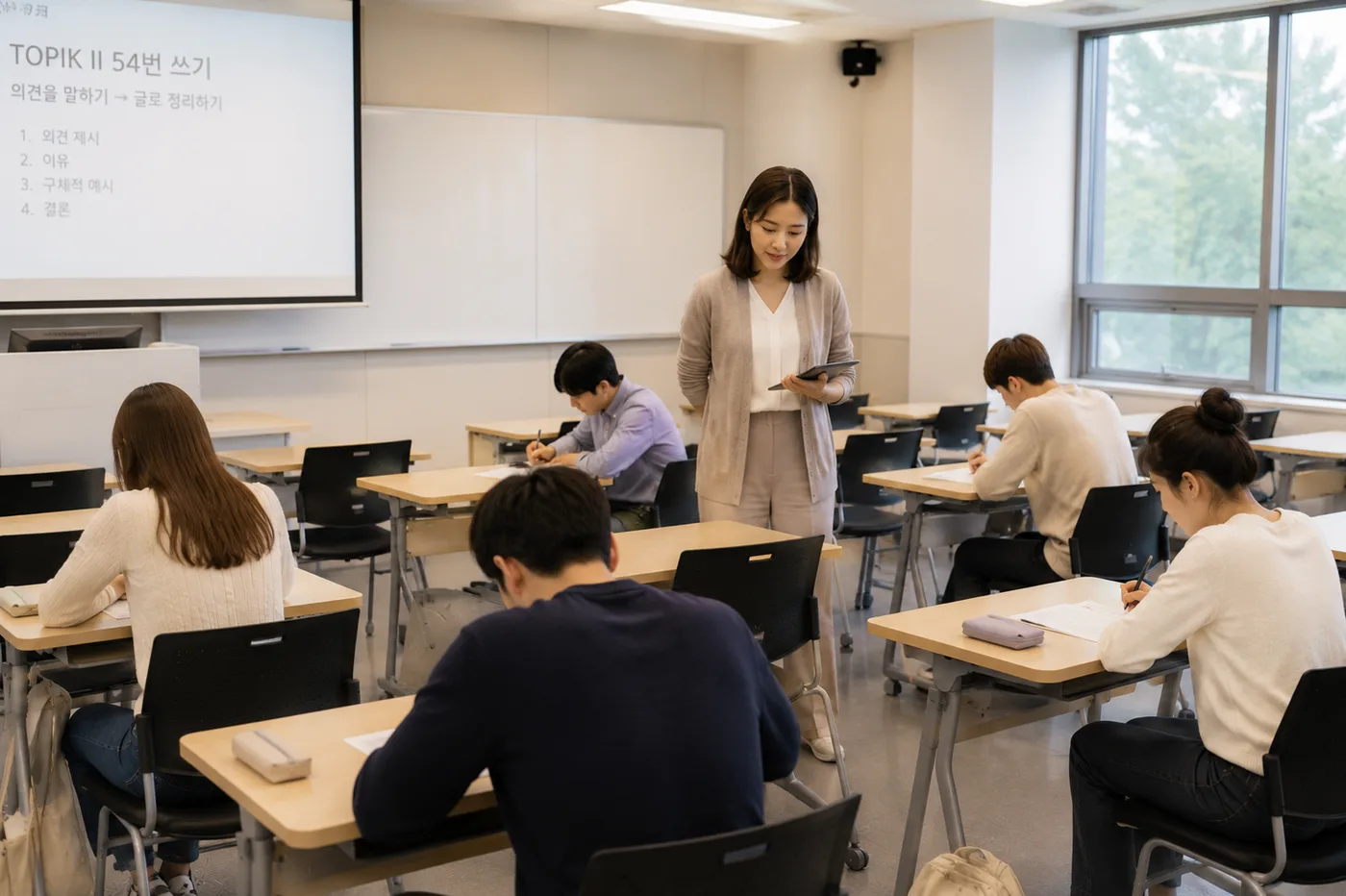 TOPIK 쓰기 수업 안내가 화면에 띄워진 교실에서 학습자들이 글을 쓰는 모습